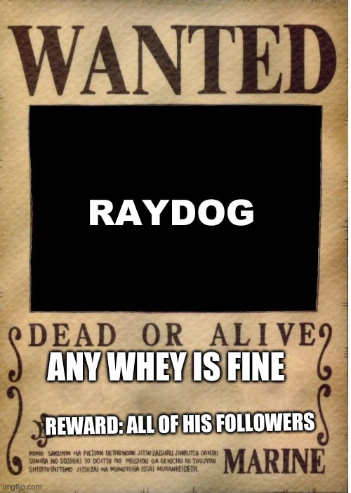 Get him | RAYDOG; ANY WHEY IS FINE; REWARD: ALL OF HIS FOLLOWERS | image tagged in one piece wanted poster template,raydog | made w/ Imgflip meme maker