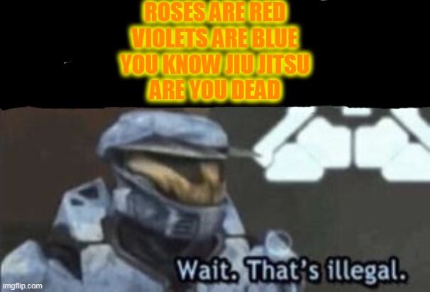 wait. that's illegal | ROSES ARE RED
VIOLETS ARE BLUE
YOU KNOW JIU JITSU
ARE YOU DEAD | image tagged in wait that's illegal | made w/ Imgflip meme maker