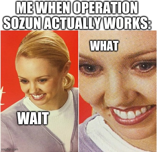 wait what | ME WHEN OPERATION SOZUN ACTUALLY WORKS:; WHAT; WAIT | image tagged in wait what | made w/ Imgflip meme maker