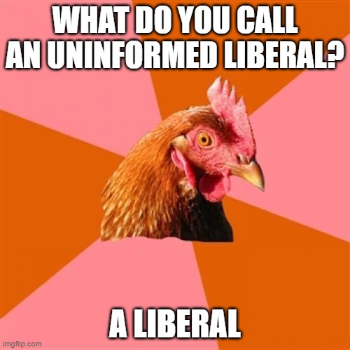 Because it's not a special case | WHAT DO YOU CALL AN UNINFORMED LIBERAL? A LIBERAL | image tagged in memes,anti joke chicken,liberals | made w/ Imgflip meme maker
