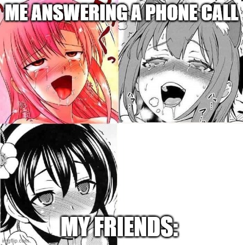 Hentai Faces | ME ANSWERING A PHONE CALL; MY FRIENDS: | image tagged in hentai faces | made w/ Imgflip meme maker
