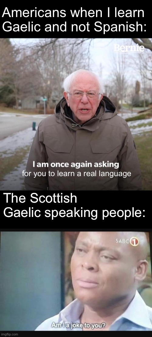 Duel Meme | Americans when I learn Gaelic and not Spanish:; for you to learn a real language; The Scottish Gaelic speaking people: | image tagged in memes,bernie i am once again asking for your support,am i a joke to you | made w/ Imgflip meme maker