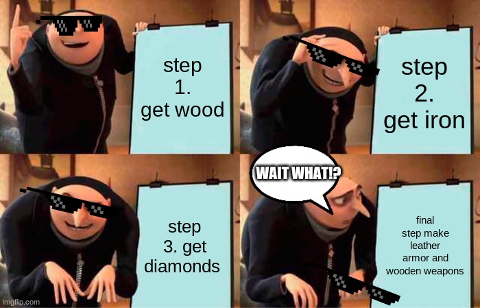 Gru's Plan | step 1. get wood; step 2. get iron; WAIT WHAT!? step 3. get diamonds; final step make leather armor and wooden weapons | image tagged in memes,gru's plan | made w/ Imgflip meme maker