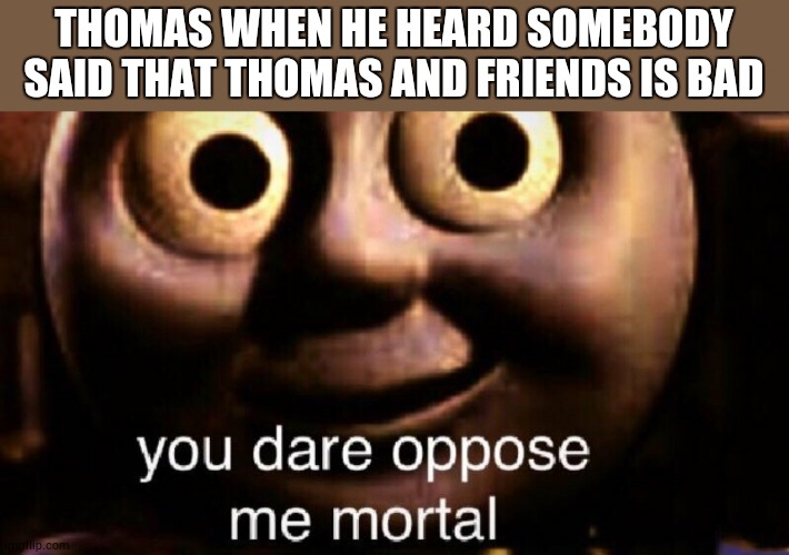 You dare oppose me mortal | THOMAS WHEN HE HEARD SOMEBODY SAID THAT THOMAS AND FRIENDS IS BAD | image tagged in you dare oppose me mortal | made w/ Imgflip meme maker