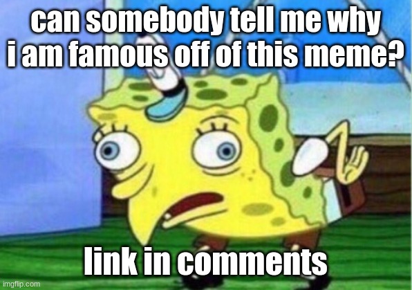 Mocking Spongebob Meme | can somebody tell me why i am famous off of this meme? link in comments | image tagged in memes,mocking spongebob | made w/ Imgflip meme maker