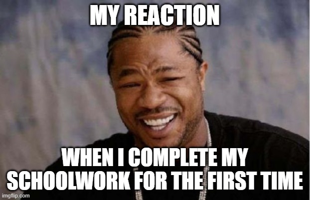Yo Dawg Heard You Meme | MY REACTION; WHEN I COMPLETE MY SCHOOLWORK FOR THE FIRST TIME | image tagged in memes,yo dawg heard you | made w/ Imgflip meme maker