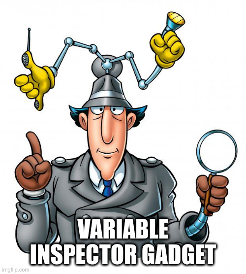 Variable inspector gadget | VARIABLE INSPECTOR GADGET | image tagged in inspector gadget | made w/ Imgflip meme maker