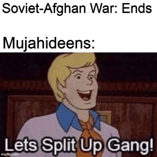 Afghanistan war in a nutshell | Soviet-Afghan War: Ends; Mujahideens: | image tagged in history,let's split up gang,memes | made w/ Imgflip meme maker