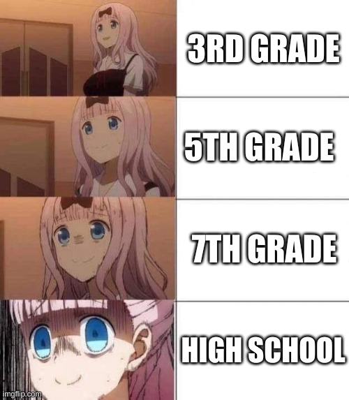 chika template | 3RD GRADE; 5TH GRADE; 7TH GRADE; HIGH SCHOOL | image tagged in chika template,funny memes,memes,funny | made w/ Imgflip meme maker