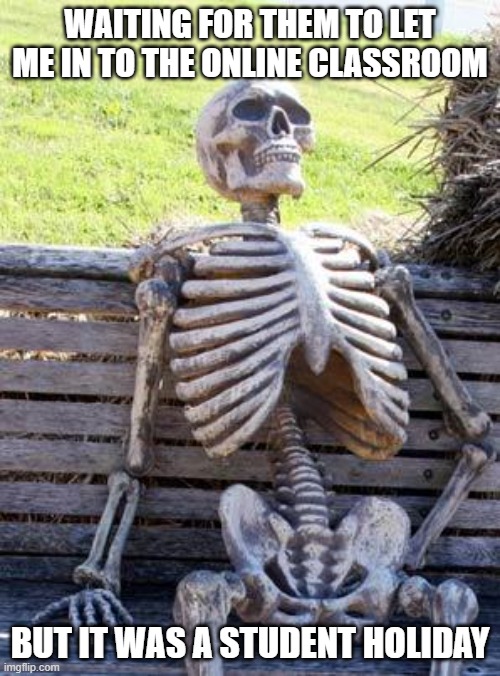 Waiting Skeleton | WAITING FOR THEM TO LET ME IN TO THE ONLINE CLASSROOM; BUT IT WAS A STUDENT HOLIDAY | image tagged in memes,waiting skeleton | made w/ Imgflip meme maker