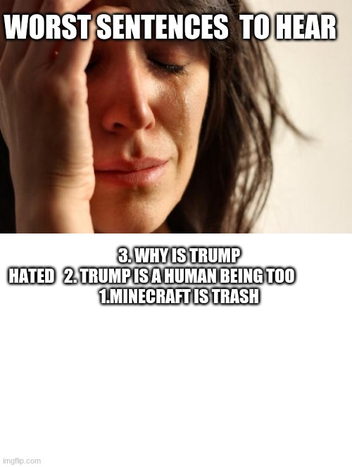 First World Problems | WORST SENTENCES  TO HEAR; 3. WHY IS TRUMP HATED   2. TRUMP IS A HUMAN BEING TOO                 


1.MINECRAFT IS TRASH | image tagged in memes,first world problems | made w/ Imgflip meme maker