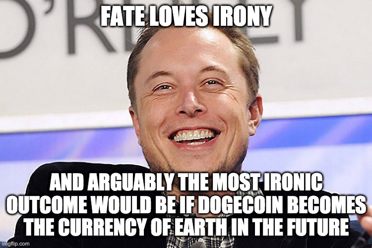 Elon Doge | FATE LOVES IRONY; AND ARGUABLY THE MOST IRONIC OUTCOME WOULD BE IF DOGECOIN BECOMES THE CURRENCY OF EARTH IN THE FUTURE | image tagged in elon musk | made w/ Imgflip meme maker