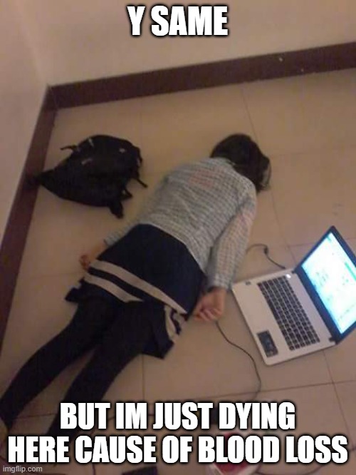 Just Kill Me | Y SAME BUT IM JUST DYING HERE CAUSE OF BLOOD LOSS | image tagged in just kill me | made w/ Imgflip meme maker