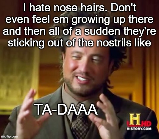 nose hairs, ugh | I hate nose hairs. Don't even feel em growing up there and then all of a sudden they're sticking out of the nostrils like; TA-DAAA | image tagged in memes,ancient aliens,nose,hair | made w/ Imgflip meme maker