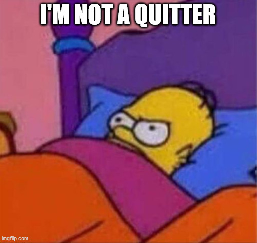 angry homer simpson in bed | I'M NOT A QUITTER | image tagged in angry homer simpson in bed | made w/ Imgflip meme maker