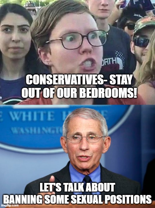 CONSERVATIVES- STAY OUT OF OUR BEDROOMS! LET'S TALK ABOUT BANNING SOME SEXUAL POSITIONS | image tagged in triggered liberal,dr fauci | made w/ Imgflip meme maker