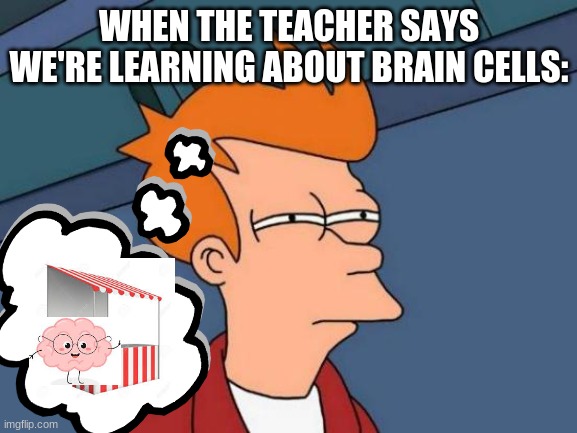 brain cells | WHEN THE TEACHER SAYS WE'RE LEARNING ABOUT BRAIN CELLS: | image tagged in memes,futurama fry | made w/ Imgflip meme maker