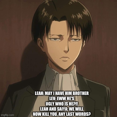 Levi Attack On Titan | LEAH: MAY I HAVE HIM BROTHER
LEV: EWW HE'S UGLY WHO IS HE?!!
LEAH AND SAIYA: WE WILL NOW KILL YOU. ANY LAST WORDS? | image tagged in levi attack on titan | made w/ Imgflip meme maker