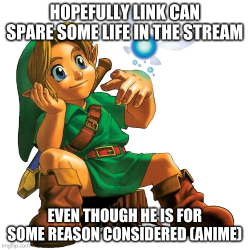 OoT Link | HOPEFULLY LINK CAN SPARE SOME LIFE IN THE STREAM EVEN THOUGH HE IS FOR SOME REASON CONSIDERED (ANIME) | image tagged in oot link | made w/ Imgflip meme maker