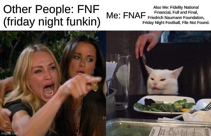 FNF or FNAF | Also Me: Fidelity National Financial, Full and Final,	Friedrich Naumann Foundation, Friday Night Football, File Not Found. Other People: FNF (friday night funkin); Me: FNAF | image tagged in memes,woman yelling at cat | made w/ Imgflip meme maker