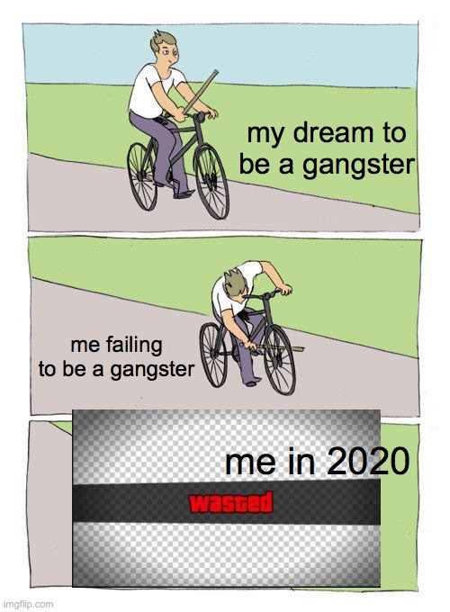 Bike Fall | my dream to be a gangster; me failing to be a gangster; me in 2020 | image tagged in memes,bike fall | made w/ Imgflip meme maker