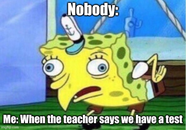 Mocking Spongebob | Nobody:; Me: When the teacher says we have a test | image tagged in memes,mocking spongebob | made w/ Imgflip meme maker