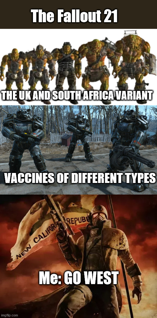 The Fallout 21; THE UK AND SOUTH AFRICA VARIANT; VACCINES OF DIFFERENT TYPES; Me: GO WEST | image tagged in fallout,mutation,covvid,vaccine | made w/ Imgflip meme maker
