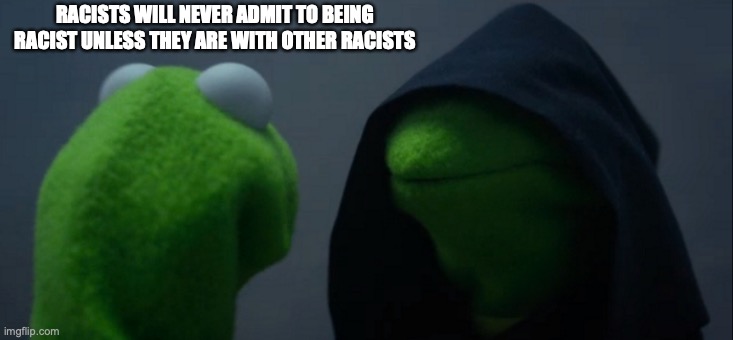 Evil Kermit | RACISTS WILL NEVER ADMIT TO BEING RACIST UNLESS THEY ARE WITH OTHER RACISTS | image tagged in memes,evil kermit | made w/ Imgflip meme maker