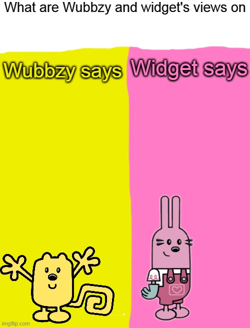 Wubbzy and Widget views | What are Wubbzy and widget's views on; Widget says; Wubbzy says | image tagged in blank white template | made w/ Imgflip meme maker