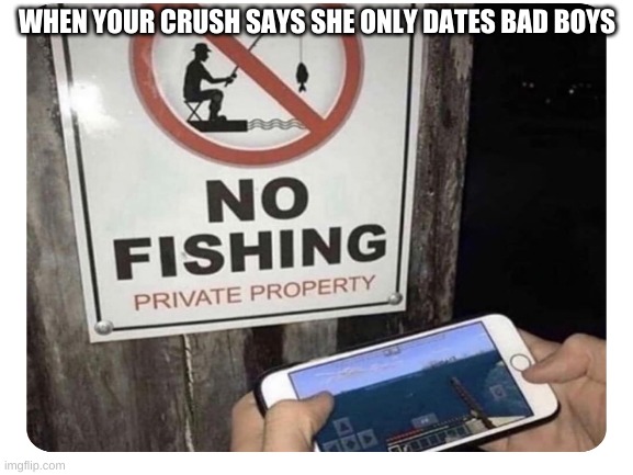 =/ | WHEN YOUR CRUSH SAYS SHE ONLY DATES BAD BOYS | image tagged in fishing | made w/ Imgflip meme maker