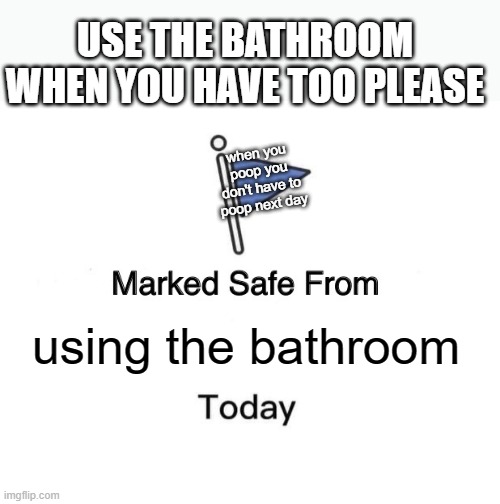 use the bathroom | USE THE BATHROOM WHEN YOU HAVE TOO PLEASE; when you poop you don't have to poop next day; using the bathroom | image tagged in memes,marked safe from | made w/ Imgflip meme maker