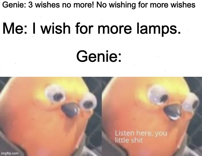 *Insert title here* | Genie: 3 wishes no more! No wishing for more wishes; Me: I wish for more lamps. Genie: | image tagged in listen here you little shit bird | made w/ Imgflip meme maker