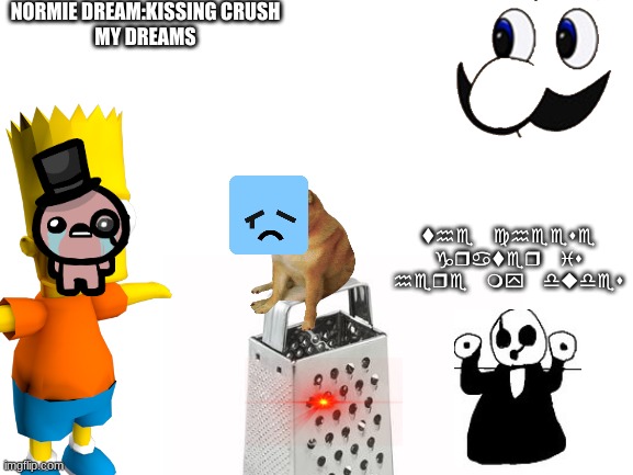 SPONGE | NORMIE DREAM:KISSING CRUSH
MY DREAMS; the cheese grater is here my dudes | image tagged in sponge,bob,is,gay | made w/ Imgflip meme maker