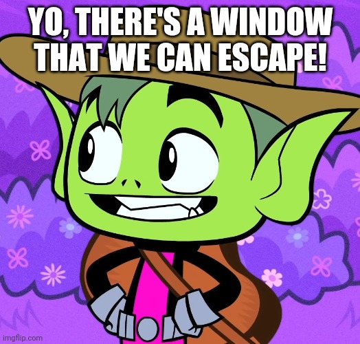 Cowboy Beast Boy (TTG) | YO, THERE'S A WINDOW THAT WE CAN ESCAPE! | image tagged in cowboy beast boy ttg | made w/ Imgflip meme maker