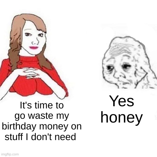 Idiot | Yes honey; It's time to go waste my birthday money on stuff I don't need | image tagged in yes honey | made w/ Imgflip meme maker