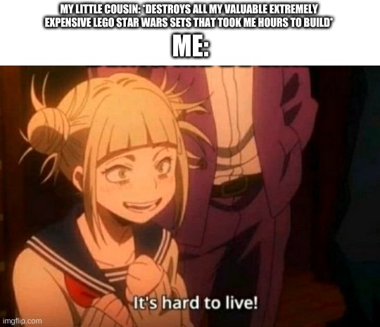 himiko toga | MY LITTLE COUSIN: *DESTROYS ALL MY VALUABLE EXTREMELY EXPENSIVE LEGO STAR WARS SETS THAT TOOK ME HOURS TO BUILD*; ME: | image tagged in himiko toga | made w/ Imgflip meme maker