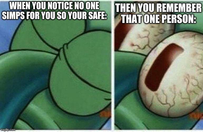 *procceds to crawl into a hole* | THEN YOU REMEMBER THAT ONE PERSON:; WHEN YOU NOTICE NO ONE SIMPS FOR YOU SO YOUR SAFE: | image tagged in squidward | made w/ Imgflip meme maker