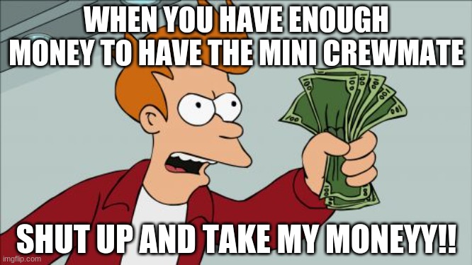 AAAAAAAAAAAAAAAAA | WHEN YOU HAVE ENOUGH MONEY TO HAVE THE MINI CREWMATE; SHUT UP AND TAKE MY MONEYY!! | image tagged in memes,shut up and take my money fry | made w/ Imgflip meme maker