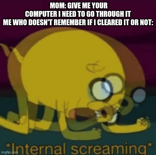 Jake The Dog Internal Screaming | MOM: GIVE ME YOUR COMPUTER I NEED TO GO THROUGH IT
ME WHO DOESN'T REMEMBER IF I CLEARED IT OR NOT: | image tagged in jake the dog internal screaming | made w/ Imgflip meme maker