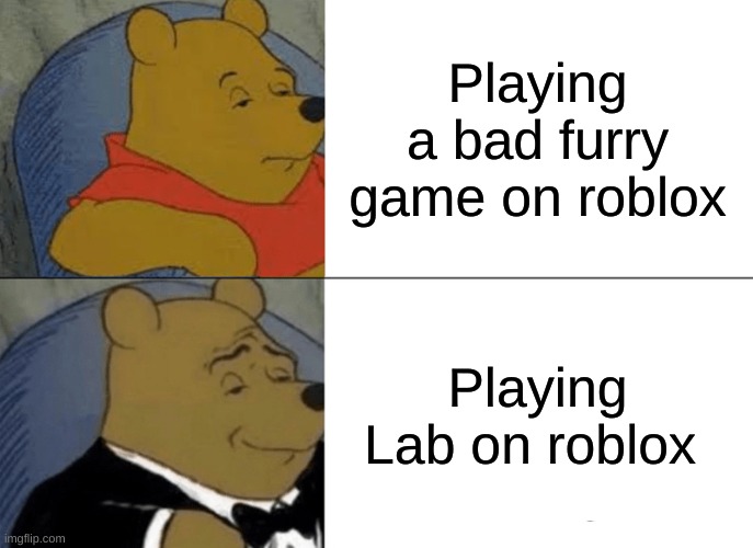 Tuxedo Winnie The Pooh Meme | Playing a bad furry game on roblox; Playing Lab on roblox | image tagged in memes,tuxedo winnie the pooh | made w/ Imgflip meme maker