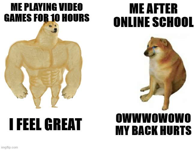 Buff Doge vs. Cheems Meme | ME PLAYING VIDEO GAMES FOR 10 HOURS; ME AFTER ONLINE SCHOOL; I FEEL GREAT; OWWWOWOWO MY BACK HURTS | image tagged in memes,buff doge vs cheems | made w/ Imgflip meme maker