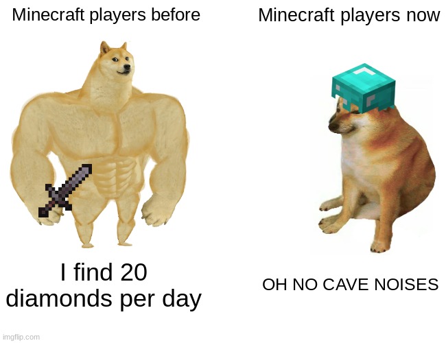 doggo | Minecraft players before; Minecraft players now; I find 20 diamonds per day; OH NO CAVE NOISES | image tagged in memes,buff doge vs cheems,minecraft | made w/ Imgflip meme maker