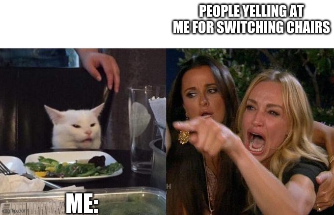 its fun tho | PEOPLE YELLING AT ME FOR SWITCHING CHAIRS; ME: | image tagged in memes,funny memes,meme,woman yelling at cat | made w/ Imgflip meme maker