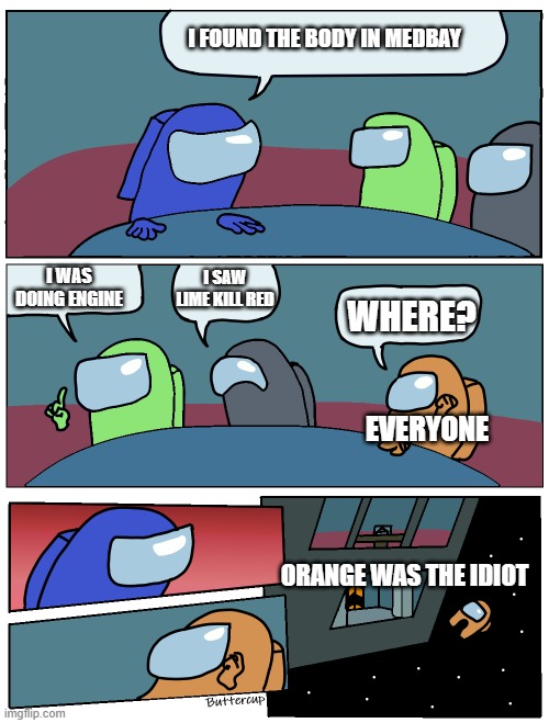 Where Among us meme | I FOUND THE BODY IN MEDBAY; I WAS DOING ENGINE; I SAW LIME KILL RED; WHERE? EVERYONE; ORANGE WAS THE IDIOT | image tagged in among us meeting,among us,where,meme,gamers | made w/ Imgflip meme maker