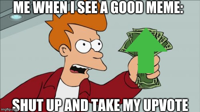 Shut up and take my upvote! | ME WHEN I SEE A GOOD MEME:; SHUT UP AND TAKE MY UPVOTE | image tagged in memes,shut up and take my money fry | made w/ Imgflip meme maker