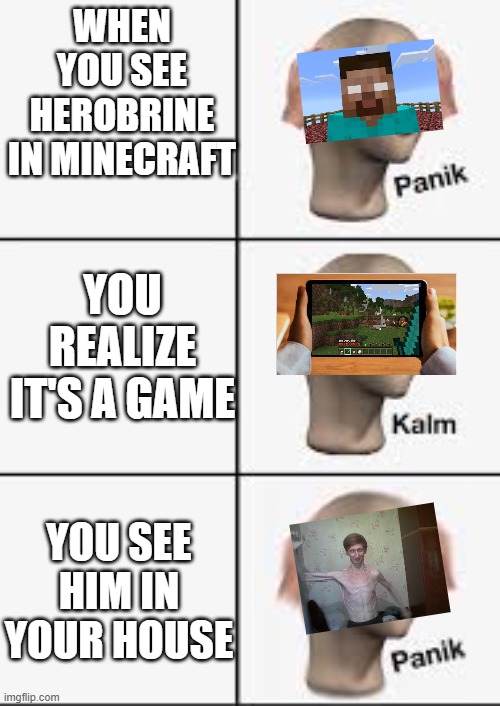 WHEN YOU SEE HEROBRINE IN MINECRAFT; YOU REALIZE IT'S A GAME; YOU SEE HIM IN YOUR HOUSE | image tagged in panik kalm panik | made w/ Imgflip meme maker
