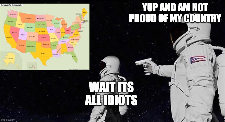 Never Has Been Earth removed | YUP AND AM NOT PROUD OF MY COUNTRY; WAIT ITS ALL IDIOTS | image tagged in never has been earth removed | made w/ Imgflip meme maker
