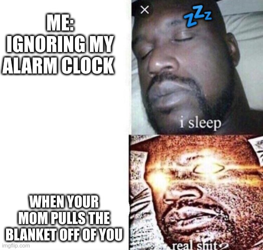 i sleep real shit | 💤; ME: IGNORING MY ALARM CLOCK; WHEN YOUR MOM PULLS THE BLANKET OFF OF YOU | image tagged in i sleep real shit | made w/ Imgflip meme maker