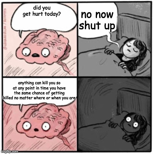 Brain Before Sleep | no now shut up; did you get hurt today? anything can kill you so at any point in time you have the same chance of getting killed no matter where or when you are | image tagged in brain before sleep | made w/ Imgflip meme maker