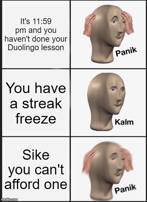 S T R E E K |  It's 11:59 pm and you haven't done your Duolingo lesson; You have a streak freeze; Sike you can't afford one | image tagged in memes,panik kalm panik | made w/ Imgflip meme maker